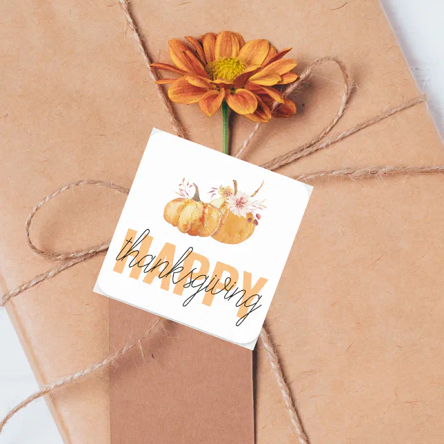 Watercolor Pumpkins & Orange Happy Thanksgiving Square Sticker | Zazzle