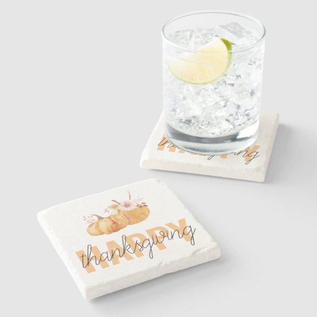 Watercolor Pumpkins & Orange Happy Thanksgiving Stone Coaster (Side)