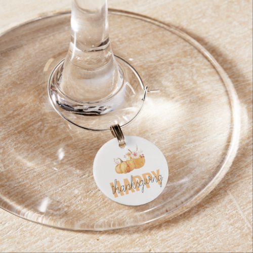 Watercolor Pumpkins  Orange Happy Thanksgiving Wine Charm