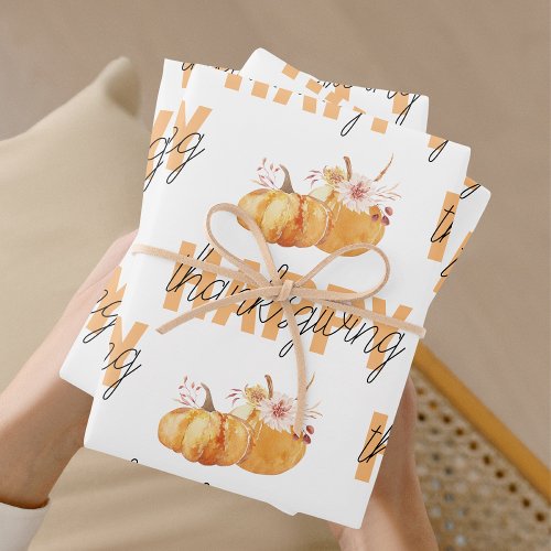 Watercolor Pumpkins  Orange Happy Thanksgiving Wrapping Paper Sheets