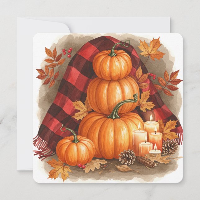 Watercolor pumpkins, plaid and candles card (Front)