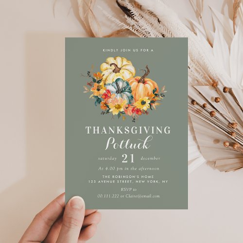 watercolor pumpkins sage thanksgiving potluck invitation