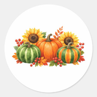 Watercolor Pumpkins, Sunflowers and Berries Classic Round Sticker