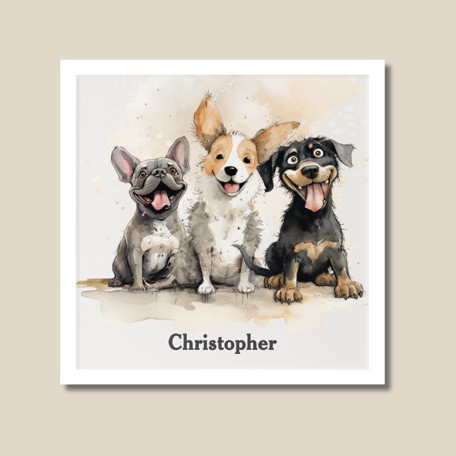 Watercolor Puppies Boys Personalized Acrylic Print (Watercolor Puppies Personalized Acrylic Print with Trio of Muddy Puppies, Child's Name.)