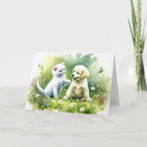 Watercolor Puppy and Kitten Birthday Card