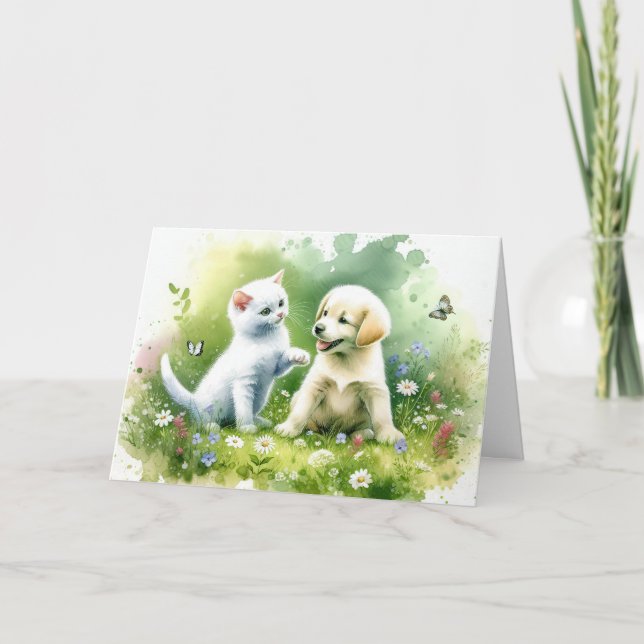 Watercolor Puppy and Kitten Birthday Card (Front)