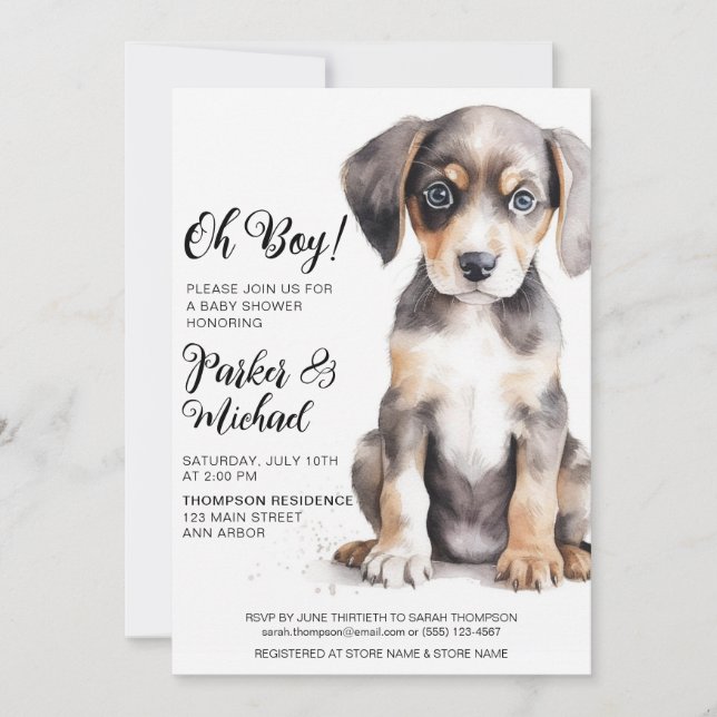 Watercolor Puppy Baby Boy Shower Invitation (Front)