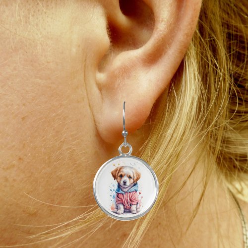 Watercolor Puppy Dog Blue Red Hoodie Silver Round Earrings