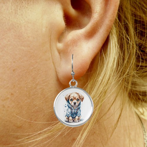 Watercolor Puppy Dog in Blue Hoodie Silver Round Earrings