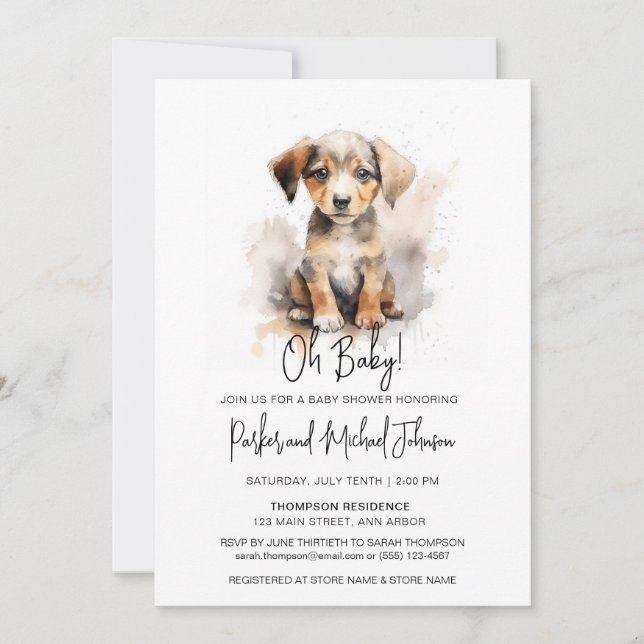 Watercolor Puppy Gender Neutral Baby Shower Invitation (Front)