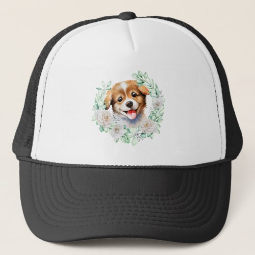 Watercolor Puppy Love with White Roses Trucker Hat