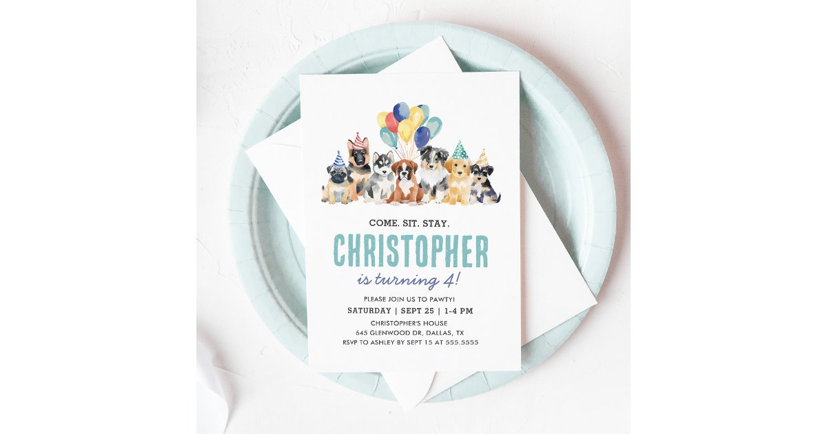 Watercolor Puppy Pawty Dog Birthday Invitation | Zazzle
