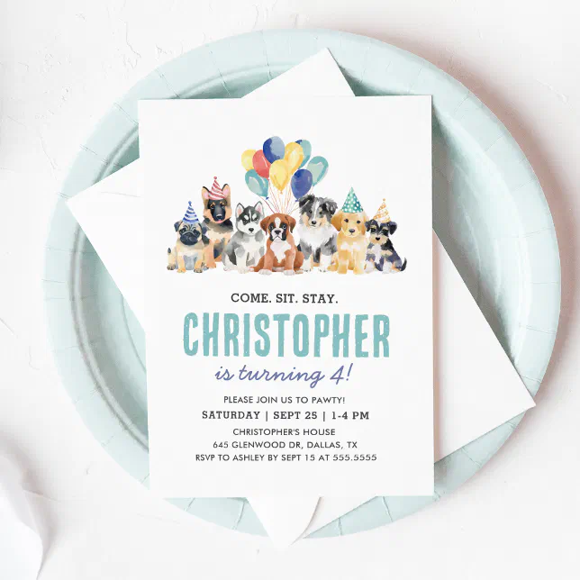 Watercolor Puppy Pawty Dog Birthday Invitation | Zazzle