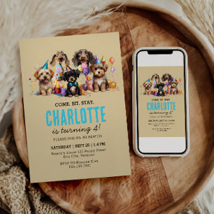 Watercolor Puppy Pawty Dog Birthday Invitation
