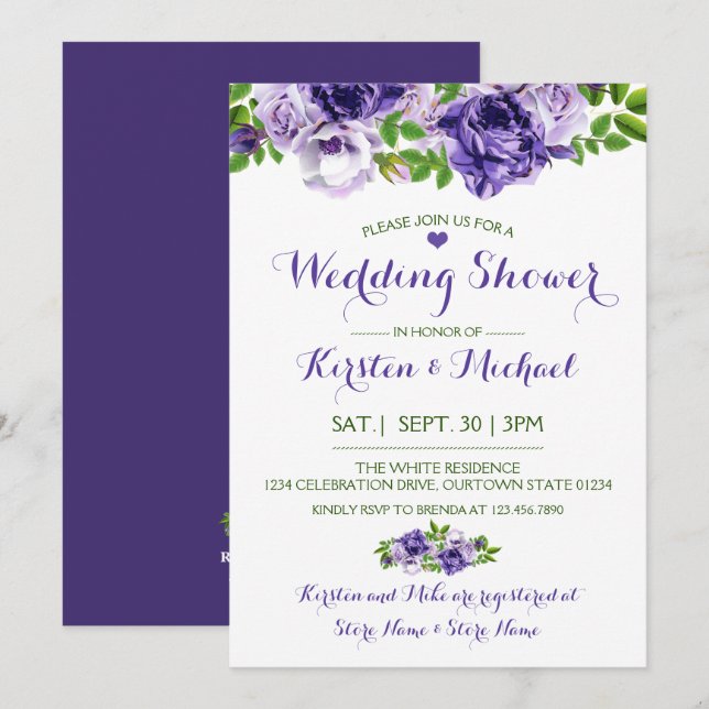 Watercolor Purp Floral | Wedding Shower Invitation (Front/Back)