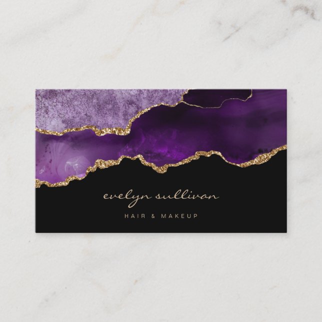 watercolor purple agate on black business card (Front)