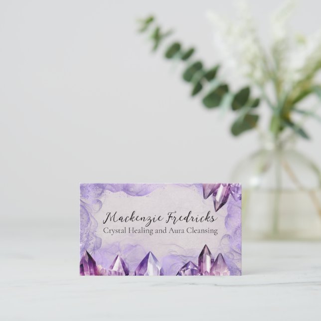 Watercolor Purple Amethyst Crystals Business Card (Standing Front)