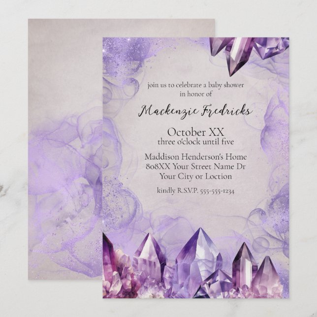 Watercolor Purple Amethyst Crystals Invitation (Front/Back)