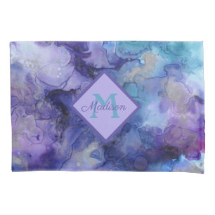 Watercolor Purple and Blue Marbled Monogrammed Pillow Case