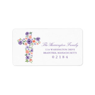 Watercolor Purple and Coral Flower Cross Label