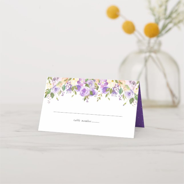 Watercolor Purple and Cream Floral Wedding Place Card (Front)