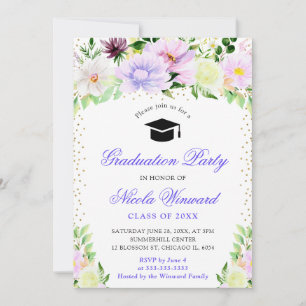 Watercolor Purple and Cream Flowers Graduation Invitation