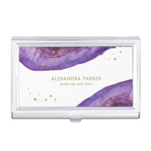 Watercolor Purple and Faux Gold Geode Business Card Case