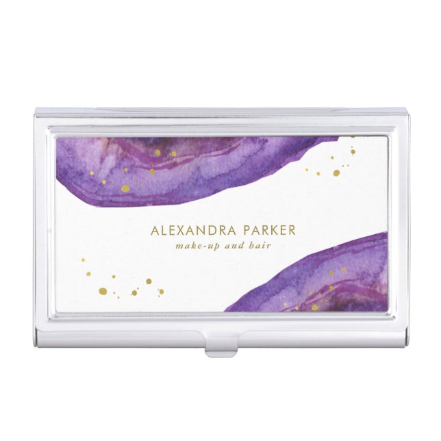 Watercolor Purple and Faux Gold Geode Business Card Case (Front)