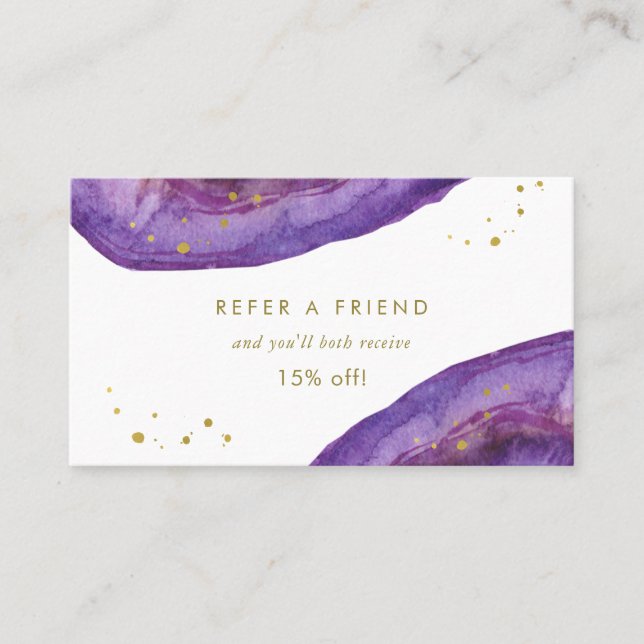Watercolor Purple and Faux Gold Geode Referral Card (Front)