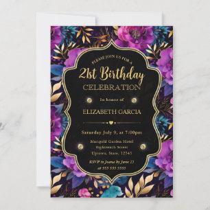 Watercolor Purple and Gold Flowers 21st Birthday Invitation