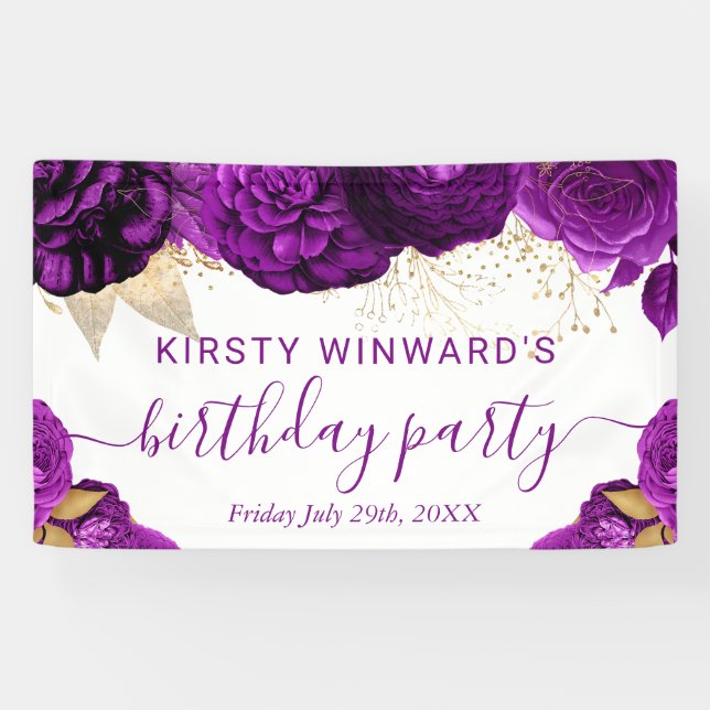 Watercolor Purple and Gold Flowers Birthday Banner (Horizontal)