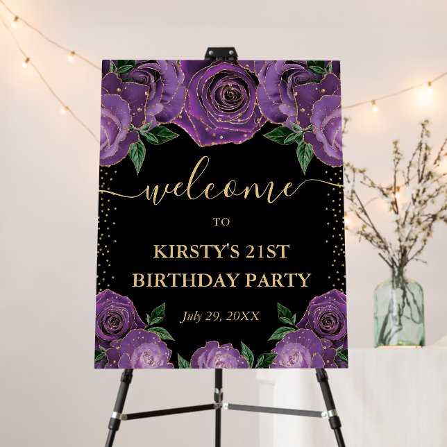 Watercolor Purple and Gold Flowers Birthday Foam Board (In Situ (Stand))