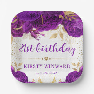 Watercolor Purple and Gold Flowers Birthday Paper Plates