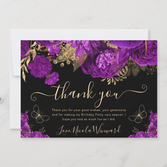 Watercolor Purple and Gold Flowers Birthday Thank You Card (Front)