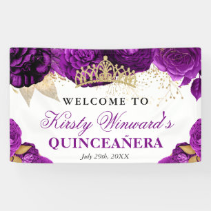 Watercolor Purple and Gold Flowers Quinceanera Banner
