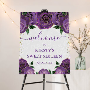 Watercolor Purple and Gold Flowers Sweet Sixteen Foam Board