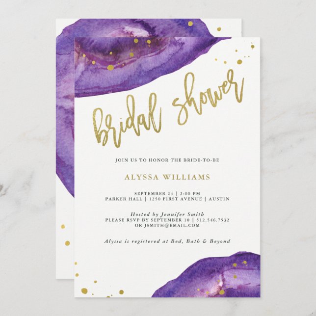 Watercolor Purple and Gold Geode Bridal Shower Invitation (Front/Back)