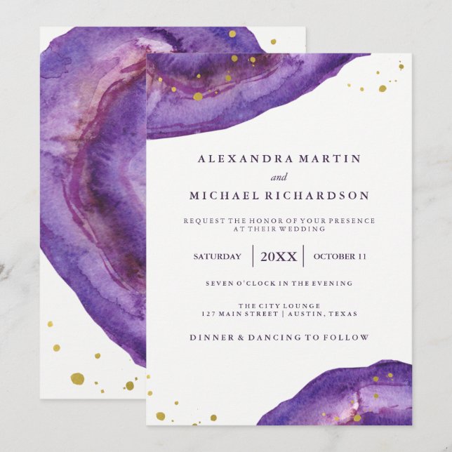 Watercolor Purple and Gold Geode Wedding II Invitation (Front/Back)
