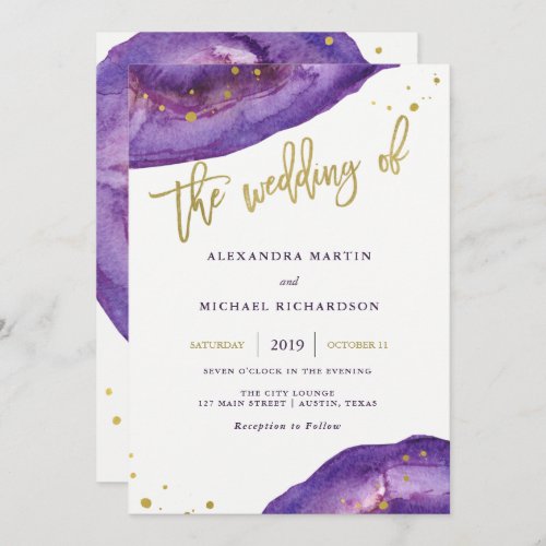 Watercolor Purple and Gold Geode Wedding Invitation