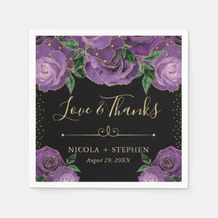 Watercolor Purple and Gold Glam Roses Wedding Napkins