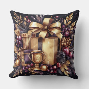 Watercolor Purple and Gold Holiday Motif Throw Pillow