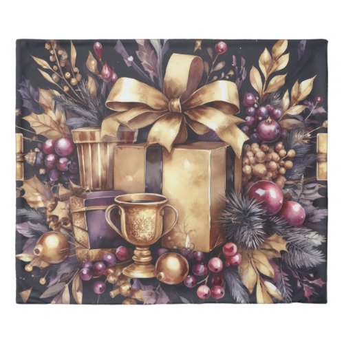 Watercolor Purple and Gold Holiday Motifs Collage Duvet Cover