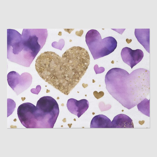 Watercolor Purple and Gold Ink Valentines Hearts Tissue Paper (Front)