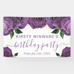Watercolor Purple and Gold Roses Birthday Banner