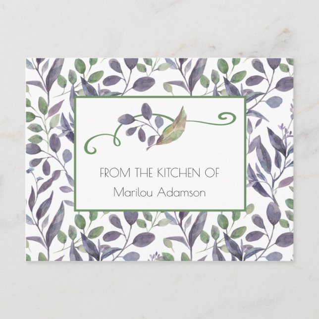 Watercolor Purple and Green Leaves Recipes | Postcard (Front)