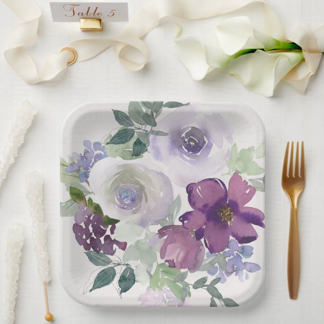  Watercolor Purple and Lavender Flowers Paper Plates (Wedding)