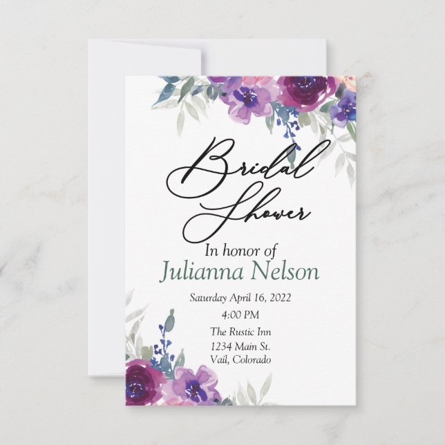 Watercolor purple and mauve floral  invitation (Front)