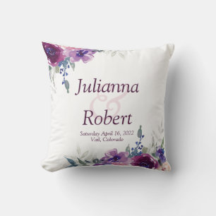 Watercolor purple and mauve floral   wedding throw pillow