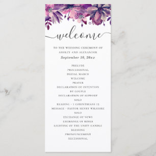 Watercolor purple and pink floral script wedding program