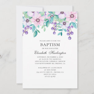Watercolor purple and pink flowers. Floral baptism Invitation